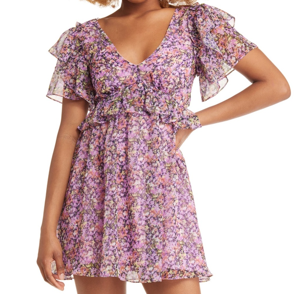 All in Favor Open-Back with Tie Ruffle Sleeve and Waist Floral Dress Size XL